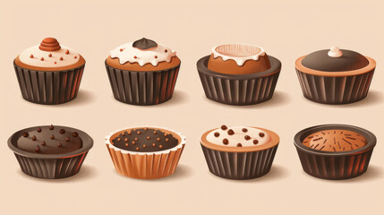 An appetizing selection of chocolate cupcakes and desserts, artistically presented in a vector illustration.
