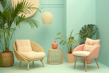 Chic Lounge: Eco-Friendly Furniture & Tropical Pastel Hues with a Delicate, Eco-Conscious Ambiance