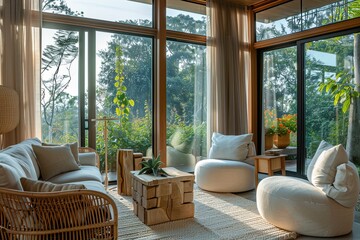 Panoramic Eco-Chic Lounge with Delicate Pastel Hues