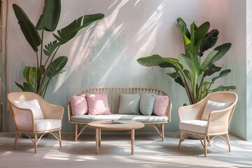 Eco-Chic Lounge Oasis: Tropical Elegance with Delicate Pastel Hues