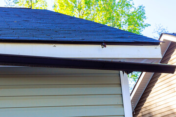 Broken rain gutter on roof of house after hurricane damages © ungvar