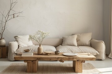 Chic Eco Lounge: Minimalist Wooden Coffee Table and Plush Beige Sofa in Serene Pastel Hues