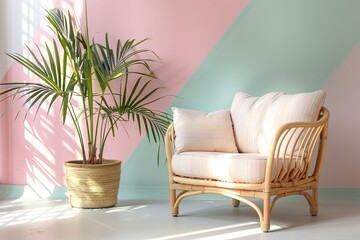 Pastel Chic Lounge with Eco-Friendly Furniture and Stylish Potted Plant
