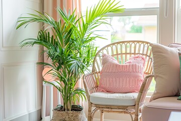Eco-Chic Lounge: Delicate Pastel Hues with Sustainable Furniture and Potted Greenery