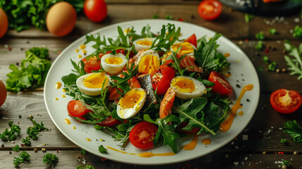 Fresh salad with fish, arugula, eggs, red pepper, lettuce, fresh salad leaves and tomato on a white plate on wooden table background 