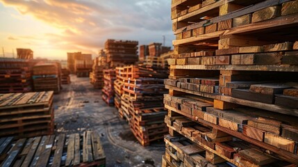 Sunset over a storage yard of wooden pallets in industrial setting
