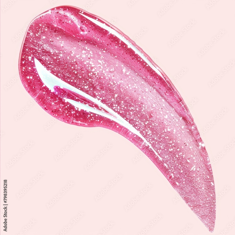 Poster smooth pink transparent lip gloss with few glitters zoomed in texture top view close-up