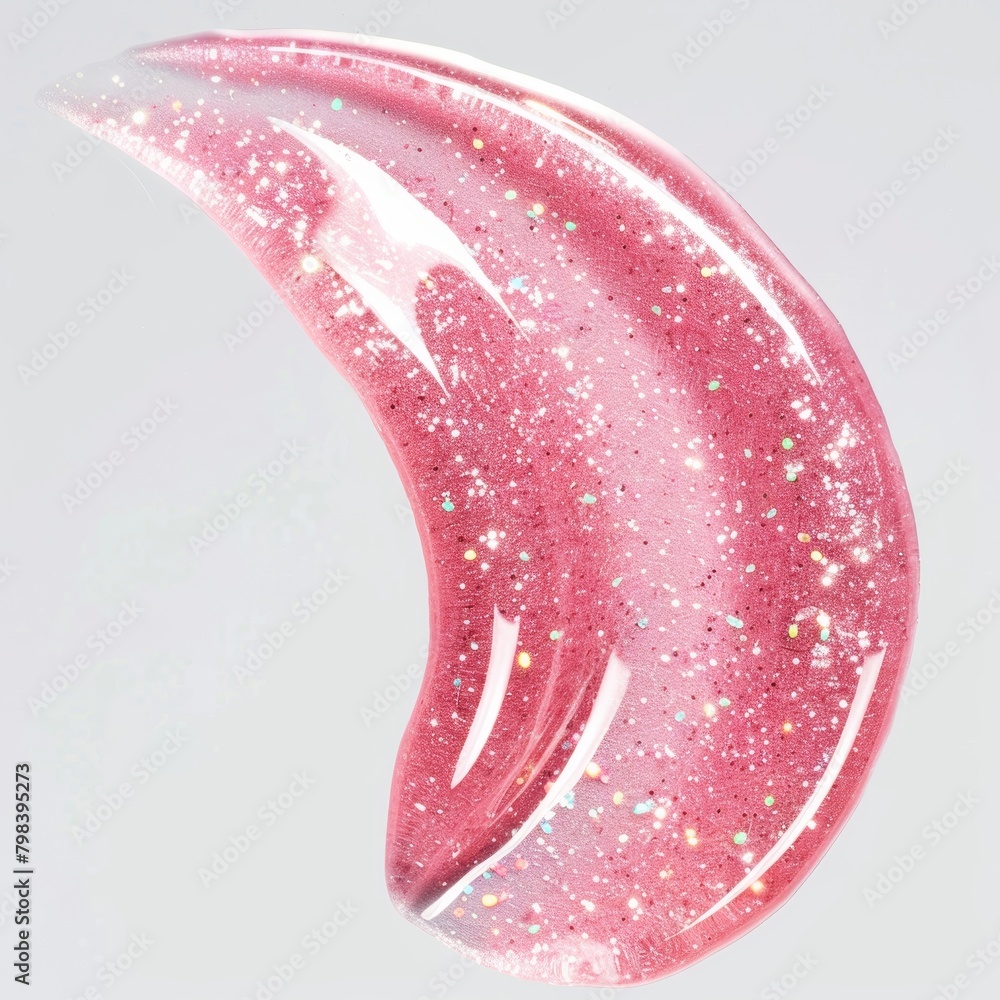 Poster smooth pink transparent lip gloss with few glitters zoomed in texture top view close-up
