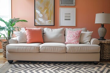Modern Peach Living Space: Natural Elements Around Beige Sofa