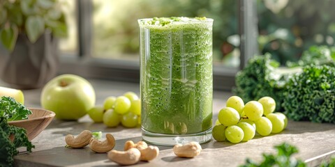 smoothie made with kale, apple, cashew nuts, and seedless green grapes in a clear glass - Powered by Adobe