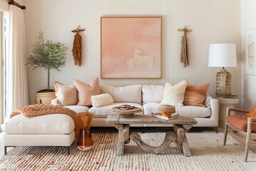 Peach-Hued Modern Haven: A Stylish & Inviting Natural Decor Living Space