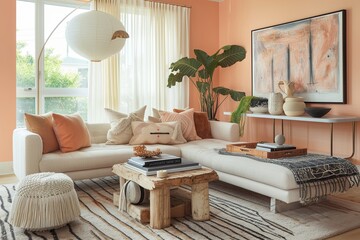 Peach Hued Modern Living: Contemporary Comfort with Natural Elements