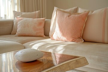 Pastel Peach and Beige Contemporary Lounge with Luxurious Wooden Coffee Table and Cozy Sofa