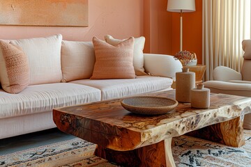 Contemporary Lounge: Peach and Beige Elegance with Luxurious Wooden Coffee Table