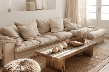 Beige Sofa and Wooden Coffee Table: Cozy Minimalist Living Room with Trendy Cushions