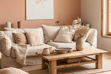 Cozy Living Room: Natural Wood & Soft Seating Minimalist Space with Trendy Peach Colors