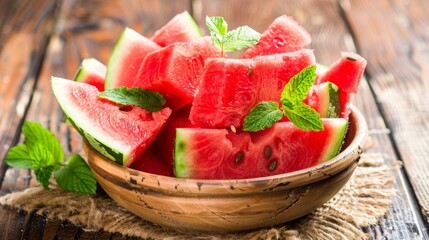Fresh Watermelon Slices with Mint in Wooden Bowl