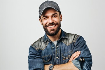 portrait a plumber smiling on white background