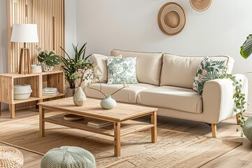 Stylish Minimalist Lounge: Eco-Friendly Furniture, Wooden Coffee Table, Beige Sofa & Pastel Florals
