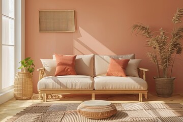 Scandinavian Eco-Friendly Living Space: Peach Accents & Beige Sofa Harmony