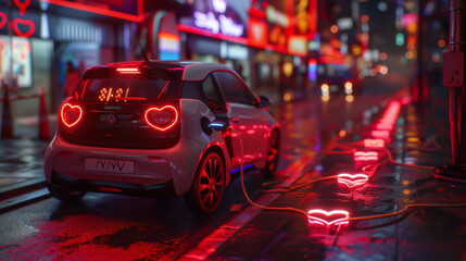In a city aglow with neon electric vehicles recharge under glowing mini hearts a whimsical yet profound 3D symbol of sustainable love and care. Generative ai.