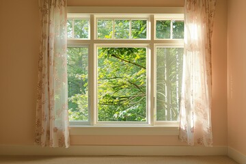 Elegant Natural Vibe Decor: Peach and Beige Tones, Foliage Views Through Large Window
