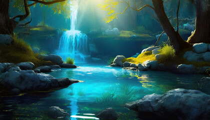Lake view in the forest, sunlight, waterfall, tree, healing, green, water, watercolor, picture, painting, illustration