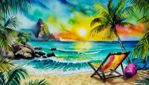 Tropical seascape, palm trees, waves, ocean, rocky mountains, sunset, sun, beach chairs, vacation, watercolor, painting, drawing, painting, illustration