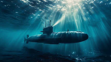 Submarine is underwater, shining its periscope towards the surface of water