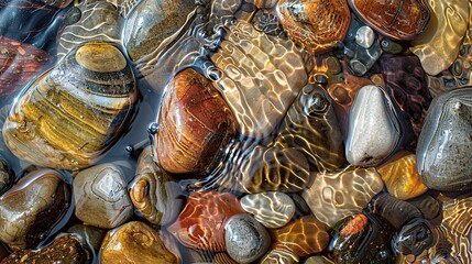 Close up shot of pebbles and stones on a riverbed, shaped by the gentle passage of water through the ages