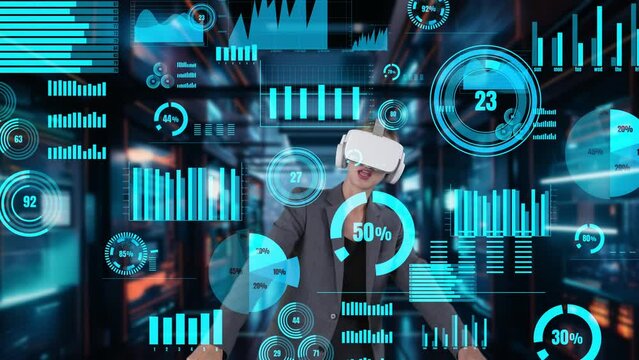 Businesswoman explaining dynamic market data calculated analysis big data business by VR innovation interface digital infographic network technology visual hologram animation at server. Contraption.