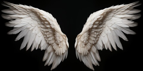 White angel wings on black background. Symbolic and ethereal, representing purity and spirituality.