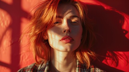 Fototapeta premium Beautiful woman standing against red wall