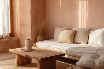 Inviting Home Interior: Wooden Accents, Plush Cushions & Peach Tones