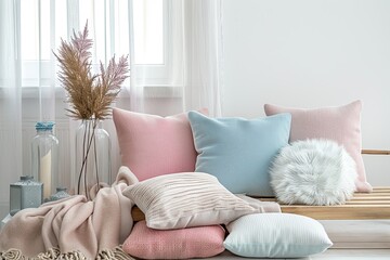 Pastel Haven: Inviting Home Interior with Wooden Accents and Cozy Cushions