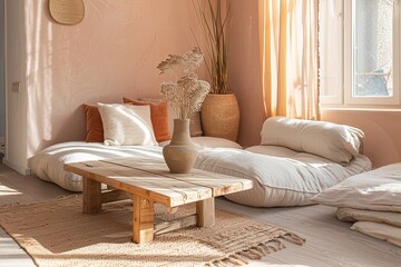 Inviting Home Interior: Wooden Accents & Plush Cushions in Warm Peach Tones