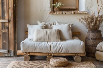 Inviting Home Interior: Cozy Cushions, Wooden Accents, Rustic Decor