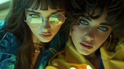 Obraz premium Two young women wearing glasses, head portrait photos