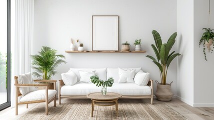 The living room interior is bright with a comfortable and minimalist sofa