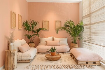 Contemporary Peach and Beige Lounge with Natural Elements: The Soft and Inviting Retreat