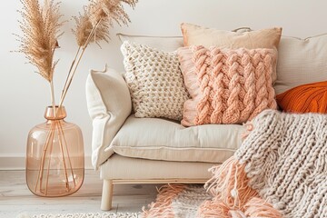 Pastel Peach Lounge: Soft Cushions and Chunky Knit Throw with Sustainable Wooden Accents