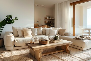 Fototapeta na wymiar Luminous Eco-Friendly Apartment: Minimalist Living Room with Panoramic View and Stylish Potted Plant