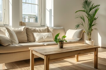 Luminous Eco-Friendly Apartment: Minimalist Living Room with Wooden Coffee Table and Beige Sofa, Enhanced by Stylish Potted Plant