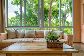Luxurious Apartment Overlooking Lush Greenery: Delicate Wooden Coffee Table & Soft Sofa with Vibrant Tree Views in Trendy Peach-Colored Interior