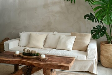 Luxurious Apartment Living: Soft Sofa, Tropical Wooden Table & Plant Accents