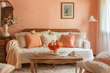 Luxurious Peach-Accented Apartment: Soft Sofa, Wooden Coffee Table & Elegance