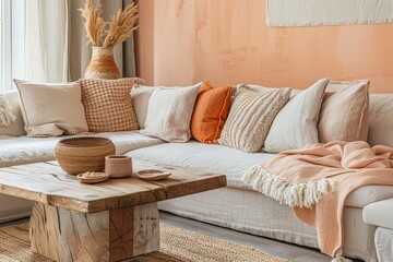 Delicate Wooden Coffee Table and Soft Sofa in Peach-Colored Luxury Apartment Living