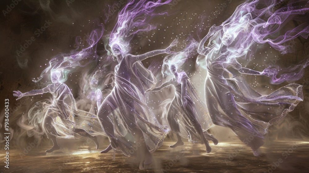 Poster a parade of ethereal beings their bodies made of seemingly solid concrete but constantly shifting an