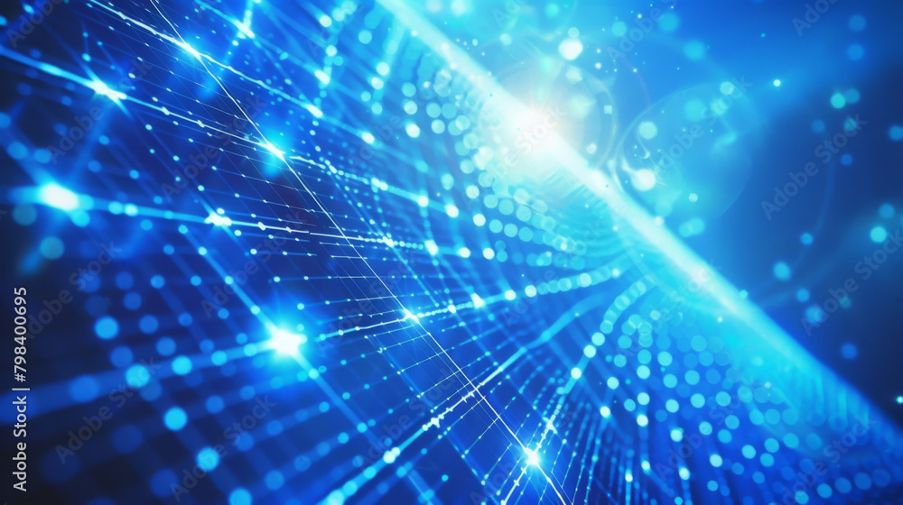 Poster blue digital network connections with glowing dots and lines on an abstract background.