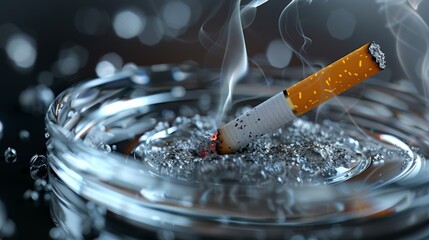 Super detailed close-up of a smoldering cigarette in ashtray with smoke and ashes